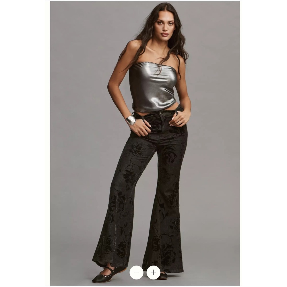 Pilcro Floral Velvet Burnout Flare Jeans Black‎ 26 Whimsigoth Y2K Dark Romantic
